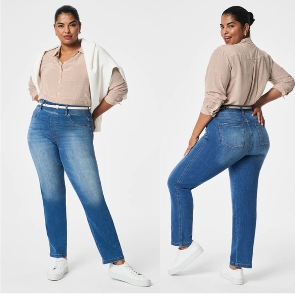 Spanx Straight Leg Stretch Denim Jeans Medium Wash High Rise Size XS Tall - Picture 1 of 9